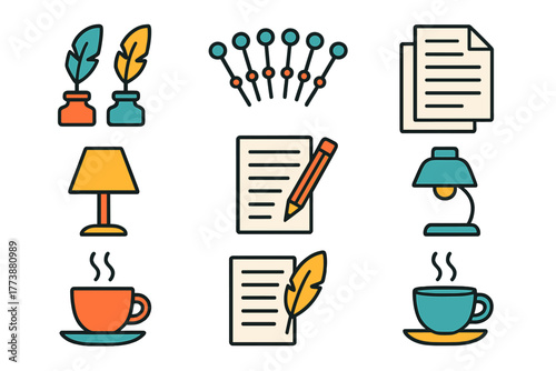 Quill pens, ink pots, paper, pencils, lamps, and coffee cups representing writing and office supplies
