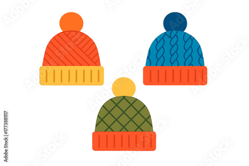Brightly colored knitted winter hats set with different patterns and pom-poms
