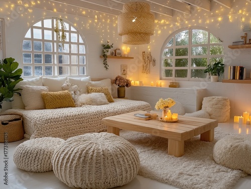 A cozy Scandinavian living room illuminated by dozens of candlelight