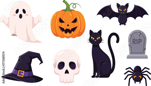 Halloween holiday collection with cute ghost pumpkin bat black cat skull witch hat gravestone spider icons vector illustration