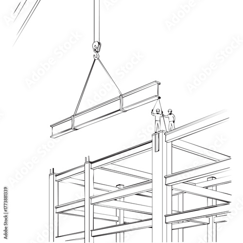 An architectural line drawing depicts a crane lifting a steel beam, guided by workers on a building frame, illustrating construction and engineering.