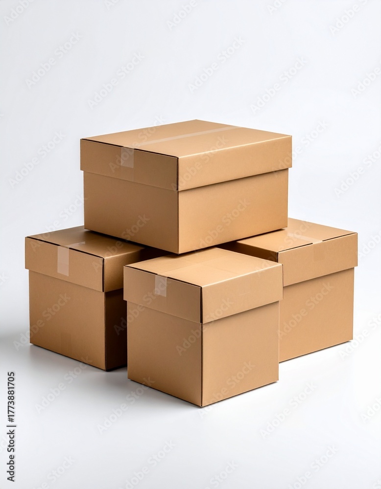 Fototapeta premium Isolated stack of brown shipping cartons on white, perfect for emphasizing packaging and clean product presentation. Stacking Present birthday box and brown box in white background and for industry