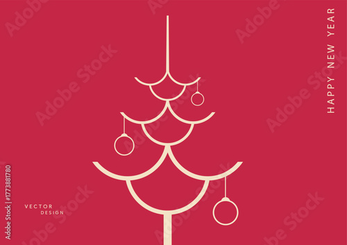 Christmas tree in Chinese style. Minimalist Christmas Tree Vector Design on Red Background, perfect for greeting cards, posters, invitations, and holiday marketing materials.