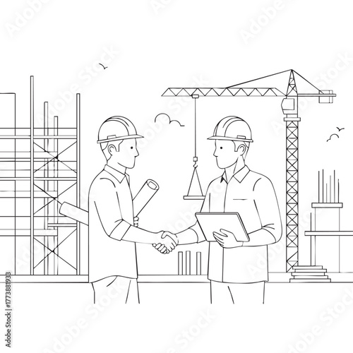 Two construction professionals in hard hats shake hands, symbolizing a successful business agreement or partnership at an active building site.