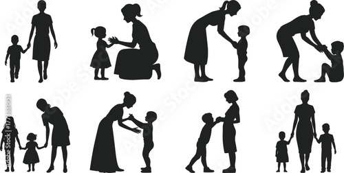 Flat vector illustration of female caregivers interacting with children, nurturing moments, parenting support, child development, silhouette design, emotional bonding scene
