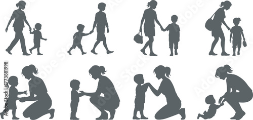 Mother and child silhouette, parenting moments, family bonding, nurturing care, emotional connection, walking, playing, comforting, flat vector illustration