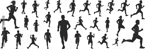 Running silhouettes, male and female runners, jogging poses, sprinting motion, athletic figures, fitness activity, sports movement, flat vector illustration