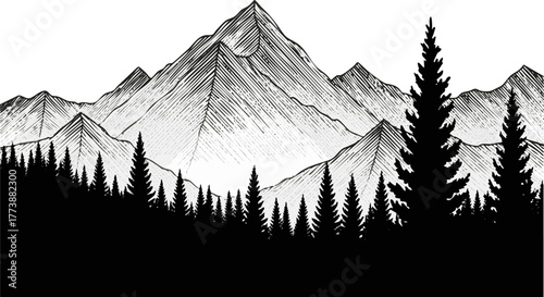 Majestic mountain range with pine trees under a starry sky in a monochrome landscape