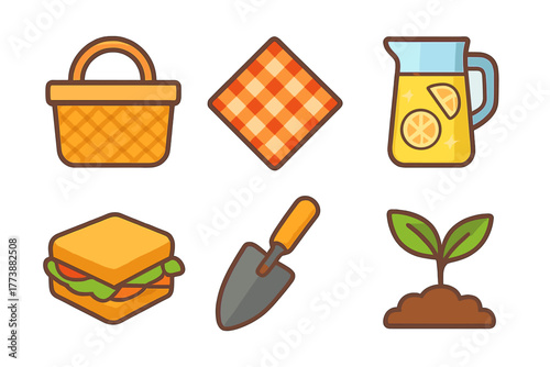Summer picnic and gardening elements including basket, lemonade, sandwich, and sprout