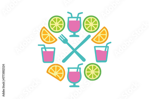 Colorful icons of tropical drinks and citrus fruits arranged around crossed restaurant silverware