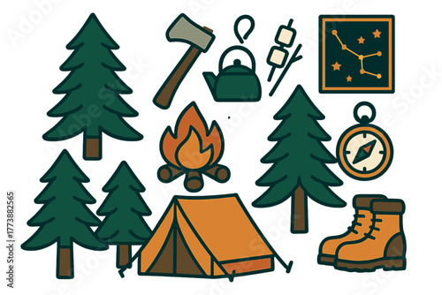 Essential outdoor adventure and camping equipment set featuring tent, campfire, and compass