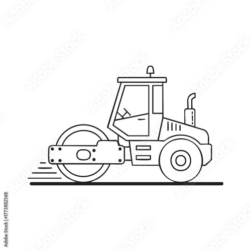 A simple line drawing showcases a road roller vehicle, a piece of heavy equipment often used in construction and roadwork projects, rendered in black and white.