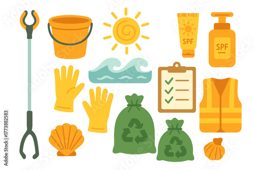 Essential equipment and supplies for beach cleanup and environmental volunteering