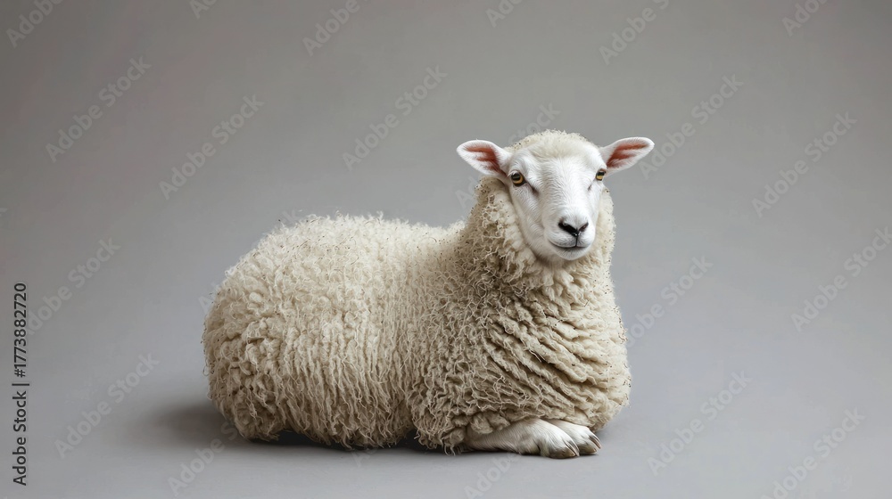 Obraz premium A white sheep with a gray background.