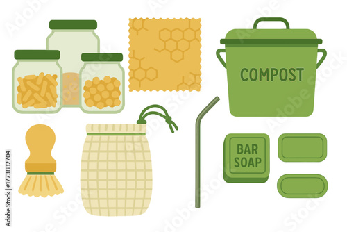 Sustainable living essentials set including reusable jars, compost container, beeswax wrap, and soap