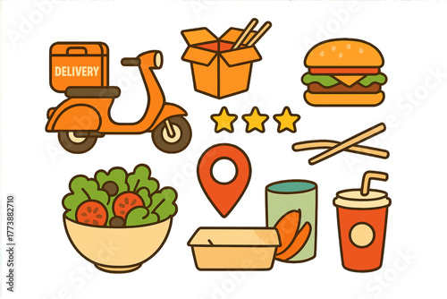 Online food ordering and delivery service icons featuring scooter, meals, and rating