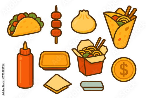 Popular street food and quick meal items including taco, dumpling, and noodle box