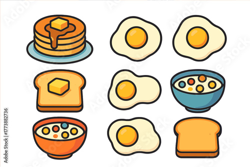 Popular morning breakfast foods including pancakes, fried eggs, toast, and cereal bowls