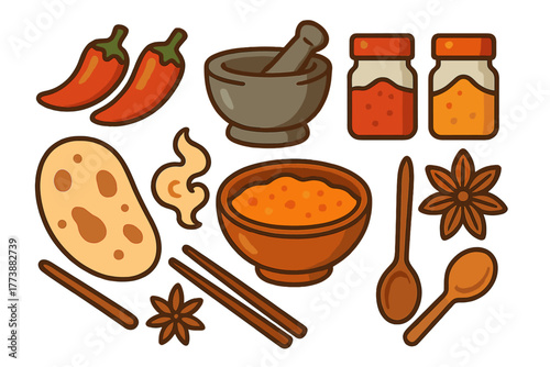 Culinary spices and kitchen tools including chili peppers, mortar, bowl, and star anise