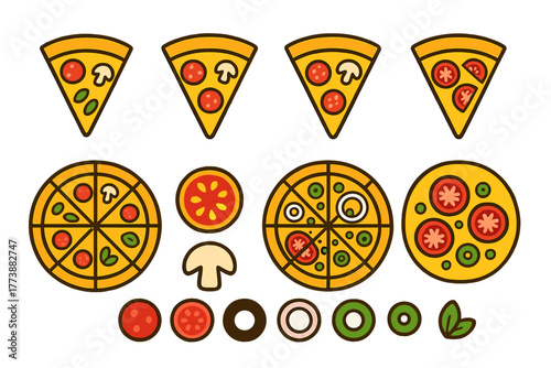 Stylized collection of pizza slices and whole pies with various toppings