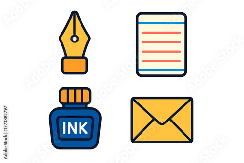Set of writing and correspondence symbols: fountain pen nib, ink bottle, paper, and envelope