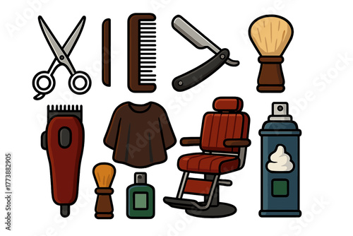 Professional barber shop tools and grooming equipment set including scissors razor and clipper