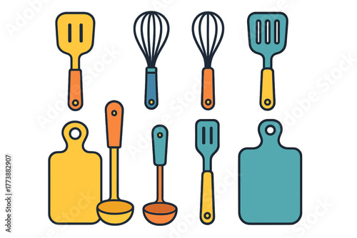 Colorful set of essential kitchen utensils including spatulas whisks ladles and cutting boards