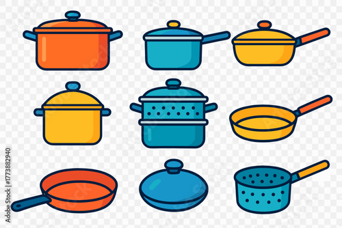 Vibrant collection of kitchen cooking utensils and equipment including pots, pans, and steamer
