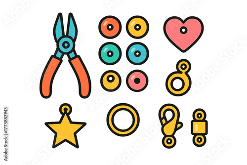 Assortment of colorful jewelry making tools and findings including pliers, charms, beads, and clasps