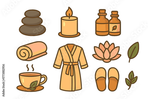 Spa and wellness elements including massage stones, lit candle, bathrobe, essential oils, and herbal tea