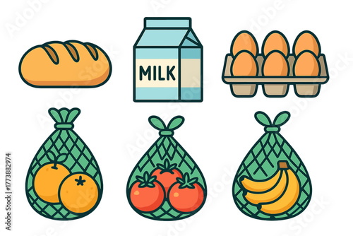 Collection of everyday supermarket essentials including dairy, baked goods, eggs, and fresh produce