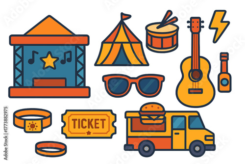 Elements of a music festival and outdoor concert including stage, instruments, food truck, and ticket