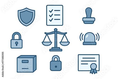 Security, law, and justice symbols featuring shield, scales, padlock, stamp, and certificate