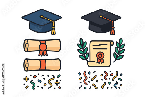 Academic achievement symbols set featuring graduation caps diplomas and celebration confetti