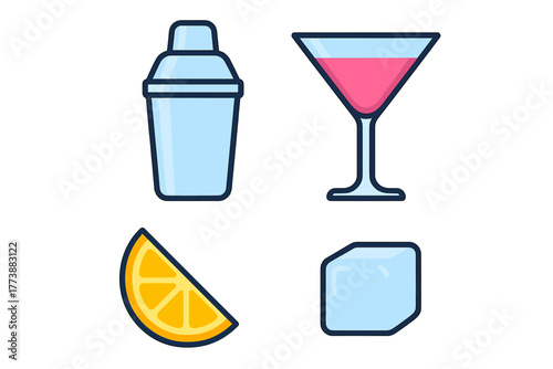 Collection of bar accessories including cocktail shaker, martini glass, citrus fruit, and ice