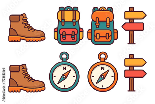Outdoor adventure gear set with hiking boots, travel backpacks, compasses, and wooden signposts