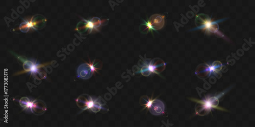 Colorful lens flare set. Bright rainbow light effects, glowing flashes, optical glare and star bursts on transparent background.