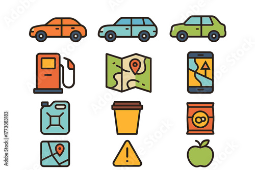 Road trip and driving symbols showing cars, navigation maps, fuel, and travel snacks