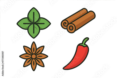 Common cooking spices and herbs including basil, cinnamon, star anise, and chili pepper