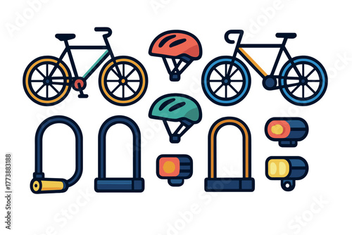 Essential cycling equipment set including bicycles, safety helmets, security locks, and headlights