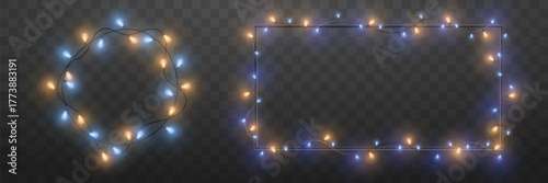 Realistic glowing Christmas lights set with yellow and blue bulbs. Circle and rectangular garland frames isolated on transparent background. Festive decoration for holiday design and New Year projects