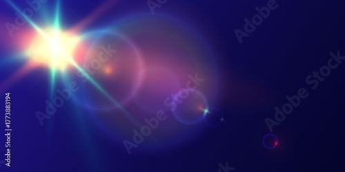 Colorful lens flare set. Bright rainbow light effects, glowing flashes, optical glare and star bursts on transparent background.