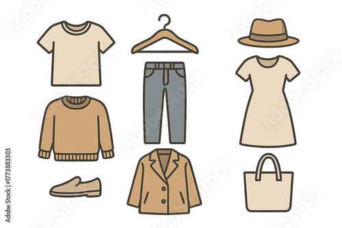 Neutral colored minimalist wardrobe collection featuring casual and business attire items