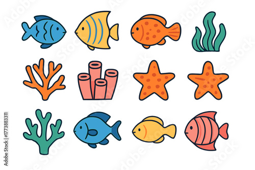 Colorful cartoon sea creatures including fish starfish and coral reef elements