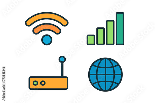 Set of connectivity and network icons including wireless signal strength bars router and global internet symbol