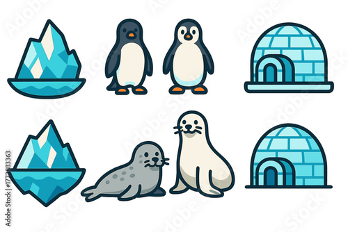 Cute cartoon icons set featuring arctic animals, penguins, seals, igloos, and icebergs