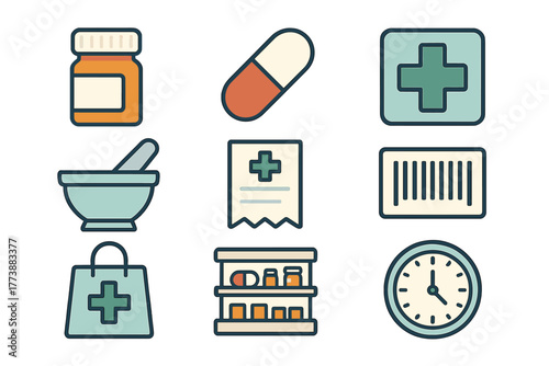 Set of essential pharmacy and healthcare icons featuring medicine bottle, capsule, first aid cross, mortar and pestle, receipt, barcode