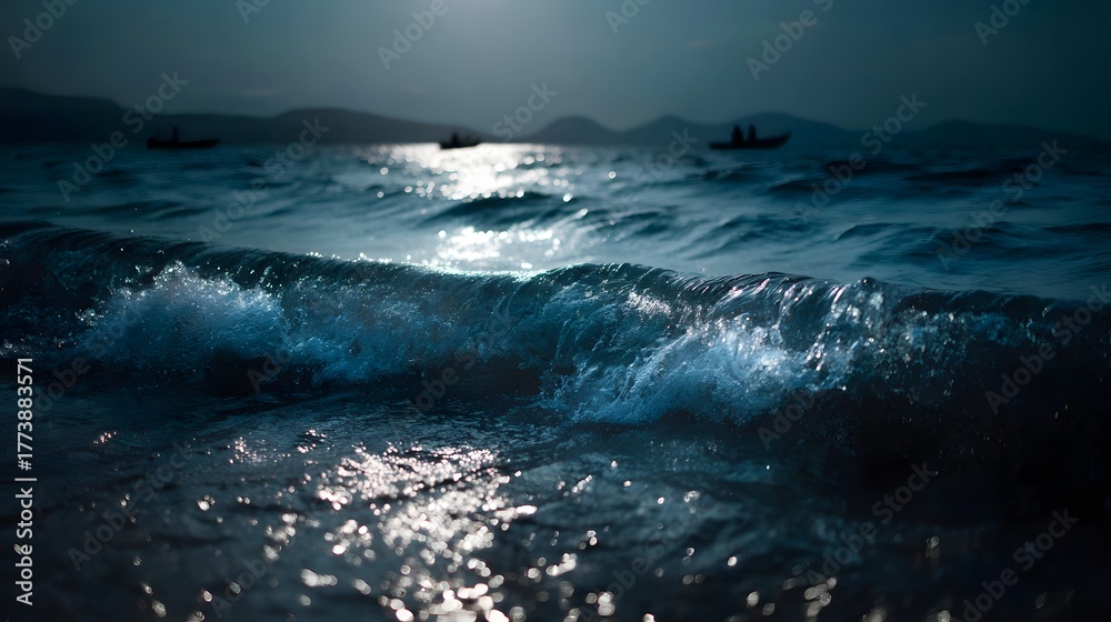 Obraz premium Serene ocean waves gently roll towards the shore under a twilight sky with distant boats silhouetted on the horizon