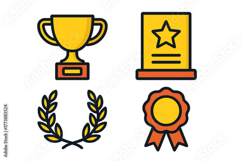 Golden trophy cup, award plaque, laurel wreath, and rosette medal icons representing achievement and success
