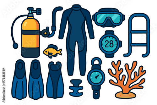 Scuba diving equipment set with wetsuit mask fins oxygen tank and coral reef